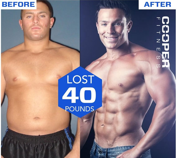 Before and after image of Jonathan Cooper after a 40 pounds weight loss. Before image is round and heavy. After image is chiseled and fit.